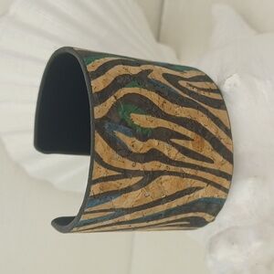 Zebra Print Black Tan & Turquoise Accent Swishes Cork Cuff Bracelet NWT